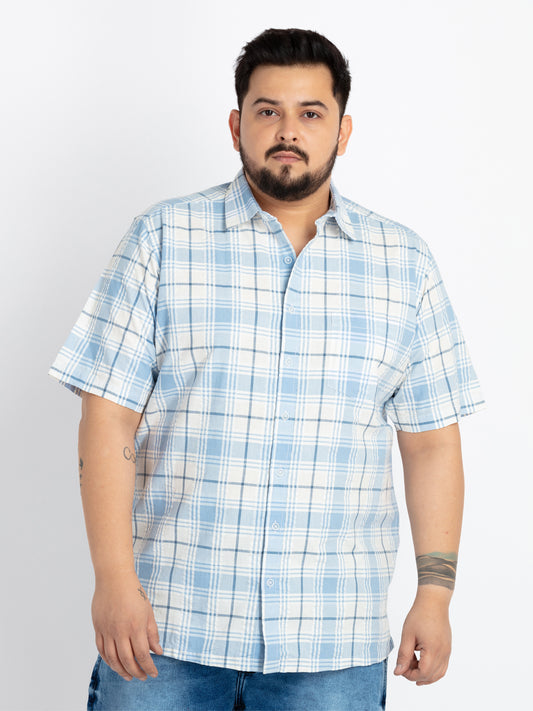 Mens Plus Size Blue Spread Collar Regular Checked Shirt