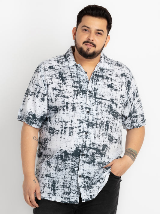 Mens Plus Size White Cuban Collar Printed Shirt