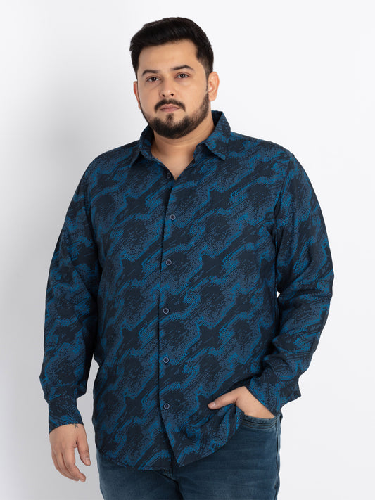 Mens Plus Size Blue Regular Fit Spread Collar Printed Shirt