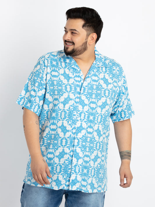 Mens Plus Size Blue Cuban Collar Printed Shirt
