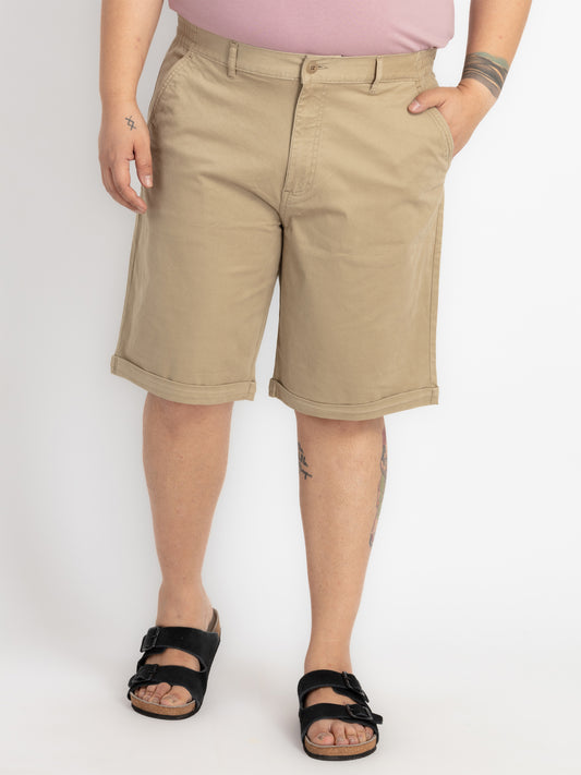 Men’s Khaki Elasticated Twill Walk Shorts with Rolled-Up Hem
