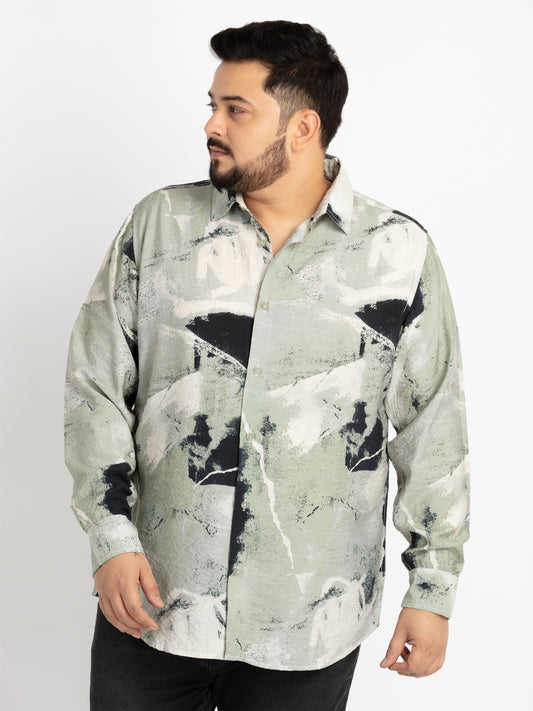 Mens Plus Size Off White Spread Collar Regular Fit Printed Shirt