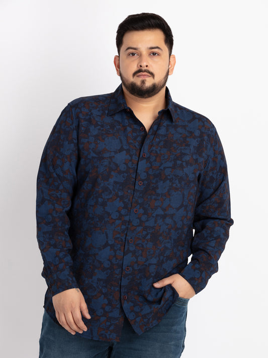 Mens Plus Size Blue Spread Collar Regular Fit Printed Shirt