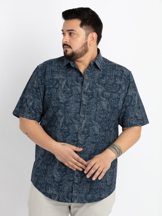 Mens Plus Size Indigo Spread Collar Printed Shirt