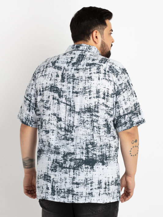 Mens Plus Size White Cuban Collar Printed Shirt