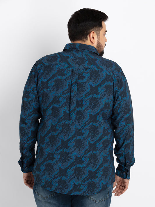 Mens Plus Size Blue Regular Fit Spread Collar Printed Shirt