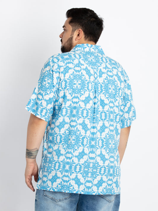Mens Plus Size Blue Cuban Collar Printed Shirt