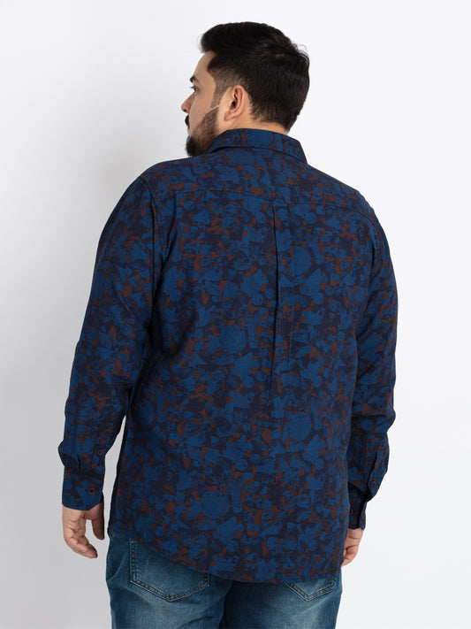 Mens Plus Size Blue Spread Collar Regular Fit Printed Shirt