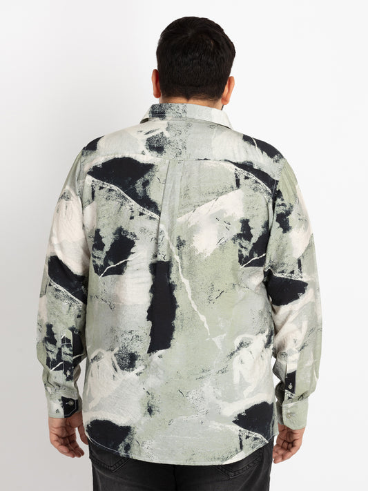 Mens Plus Size Off White Spread Collar Regular Fit Printed Shirt