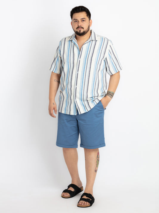 Men’s Blue Elasticated Twill Walk Shorts with Rolled-Up Hem