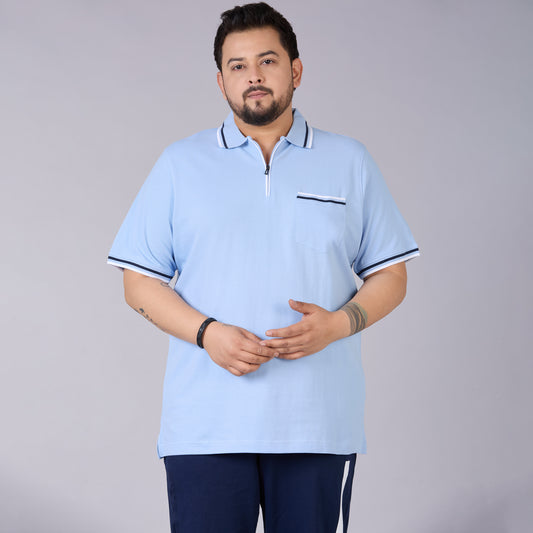 Sky Blue Polo with Navy & White Tipping and Zipper Placket