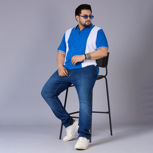 Royal Blue Sporty Polo with White Panels & Zipper Placket