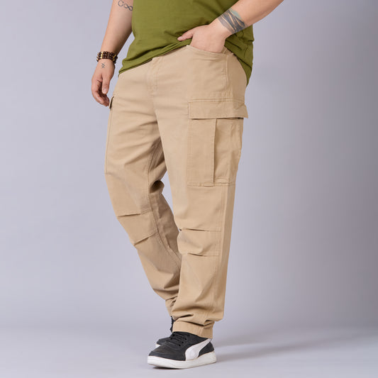 High-Stretch Stone-Washed Cargo Pants- Khaki