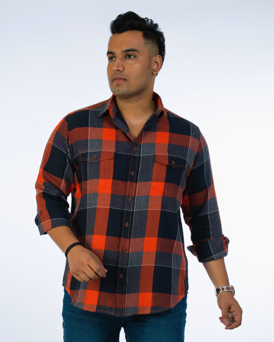 Mens Plus Size Orange Casual Check Shirt