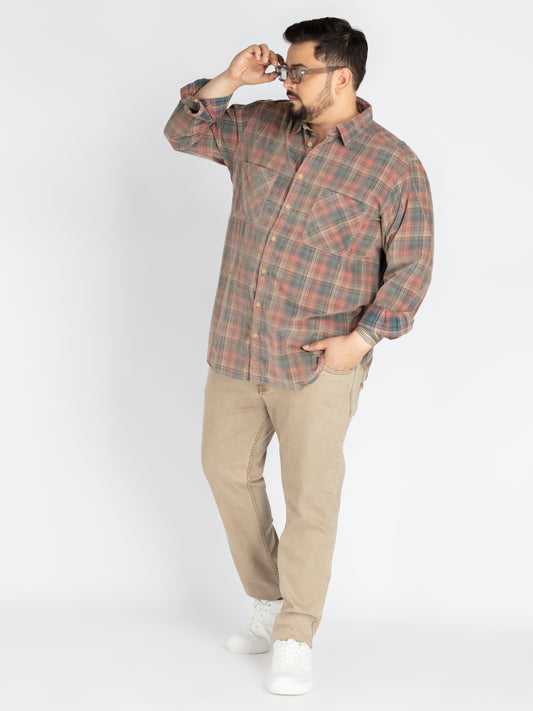 Mens Plus Size Peach spread collar check shirt