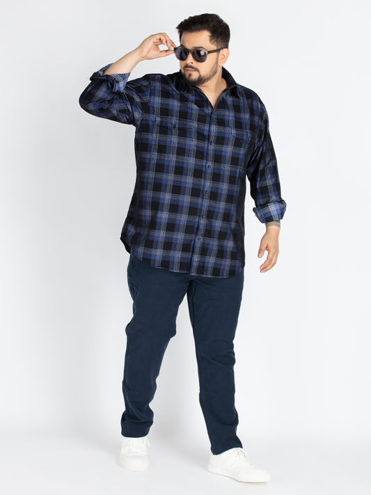 Mens Plus Size Blue spread collar check shirt