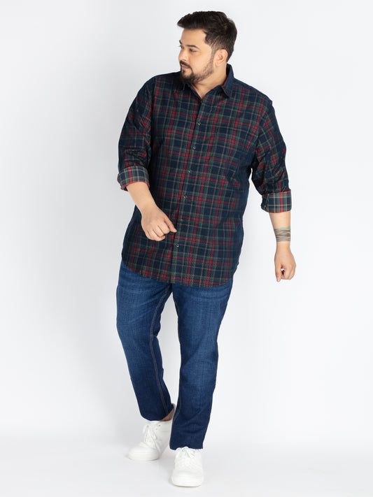 Mens Plus Size Navy spread collar check shirt