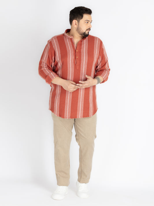 Plus Size Rust Mandarin Collar stripe  Shirt