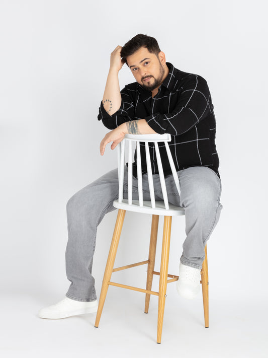 Mens Plus Size Black spread collar check shirt