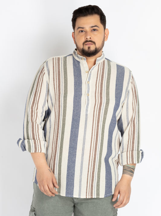 Plus Size Offwhite Mandarin Collar stripe  Shirt