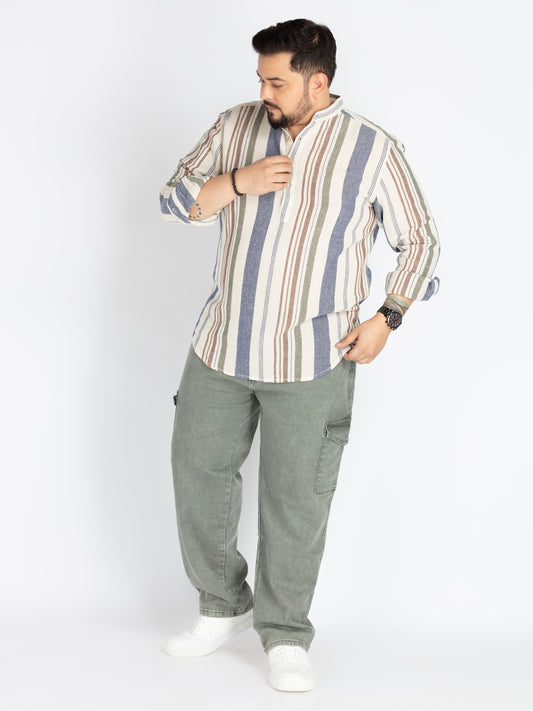 Plus Size Offwhite Mandarin Collar stripe  Shirt