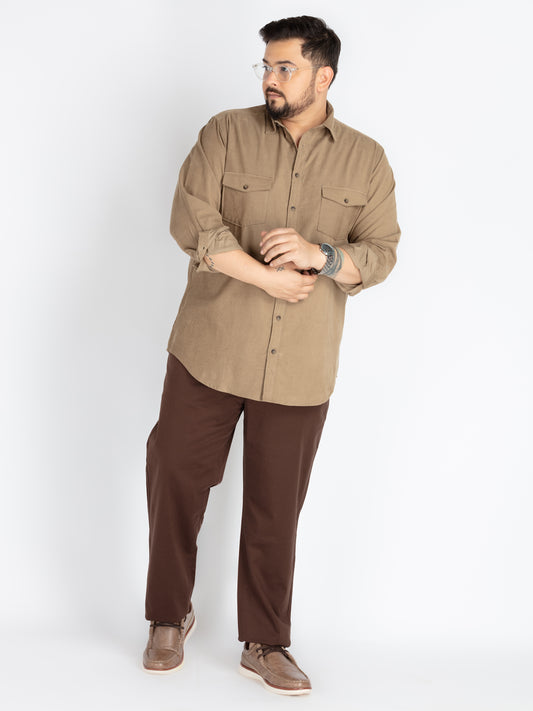 Mens Plus Size Khaki Spread Collar Solid  Shirt