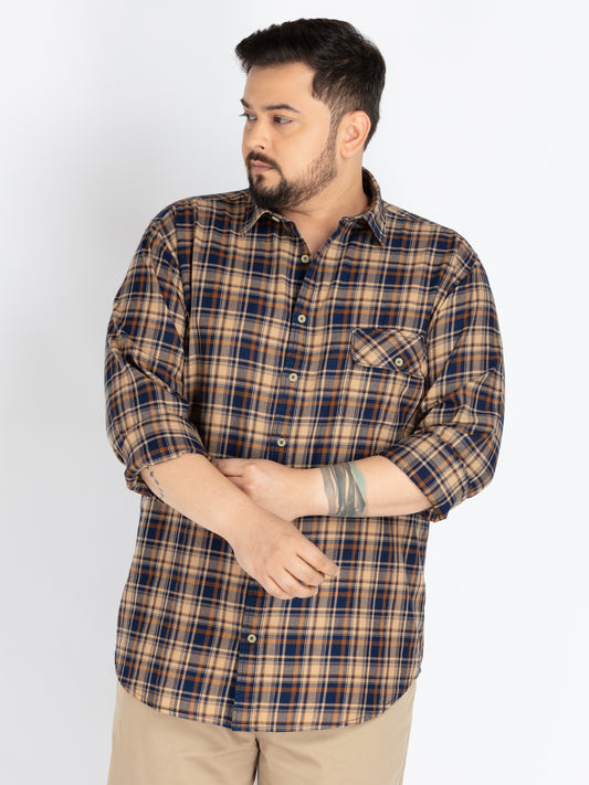 Plus size Men's Indigo & Beige Checkered Cotton Casual Shirt