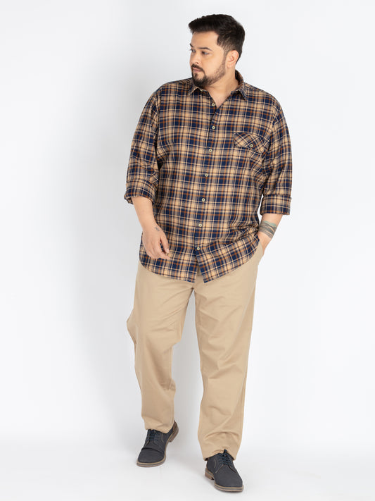 Plus size Men's Indigo & Beige Checkered Cotton Casual Shirt