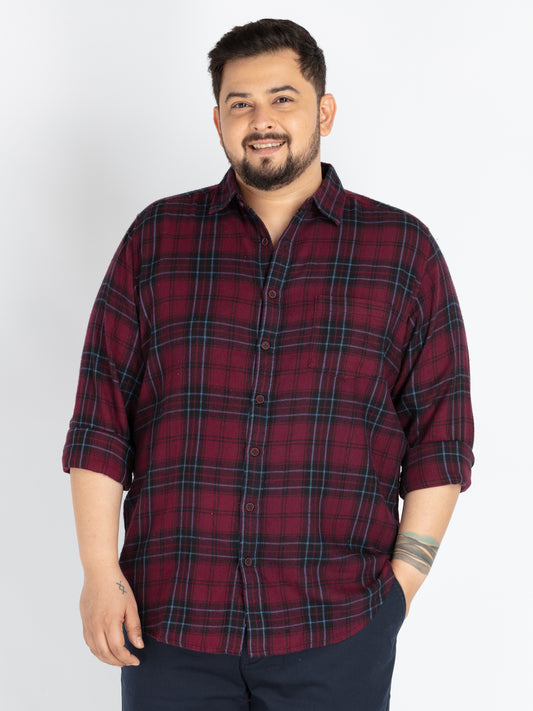 Mens Plus Size Maroon Spread Collar Check Shirt