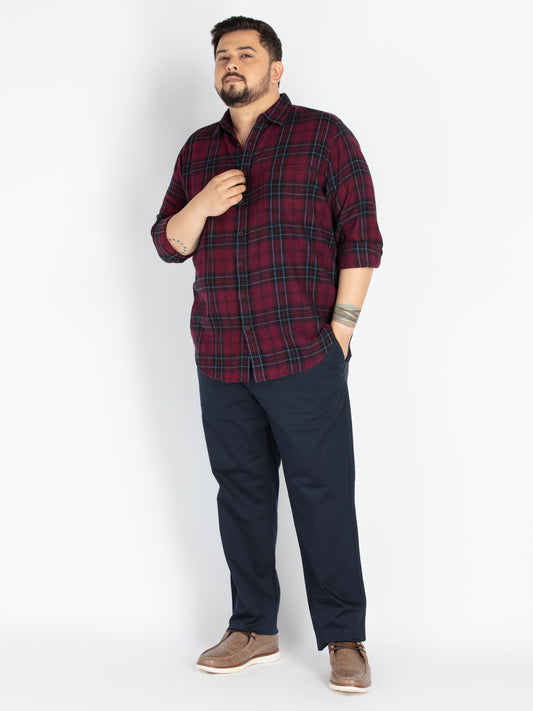 Mens Plus Size Maroon Spread Collar Check Shirt