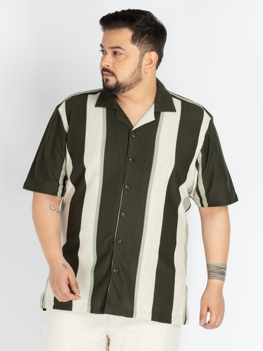 Mens Plus Size Olive Cuban Collar stripe Shirt