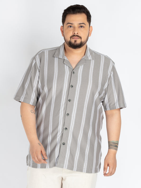 Mens Plus Size Grey Cuban Collar stripe Shirt