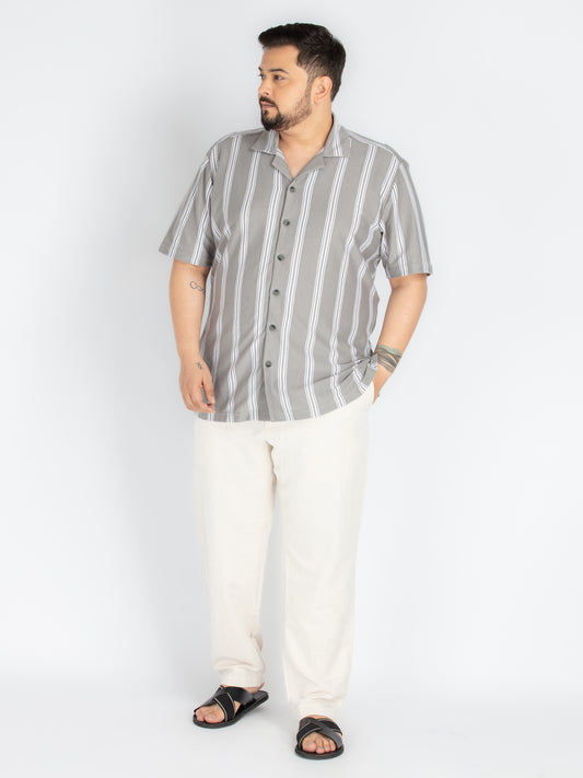 Mens Plus Size Grey Cuban Collar stripe Shirt