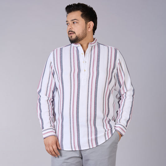 Plus Size Men's White Dobby Stripe Mandarin Collar Shirt