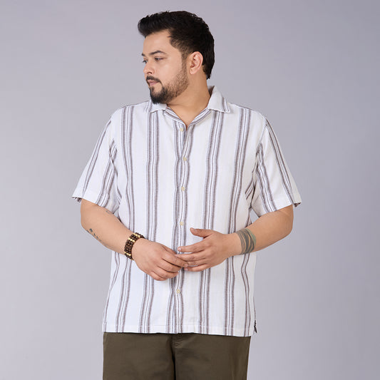 Plus Size Men's White Dobby Stripe Cuban Collar Shirt