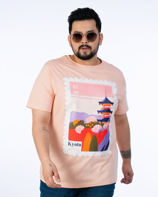 Mens Plus Size-Peach Crew Neck Graphic Tee