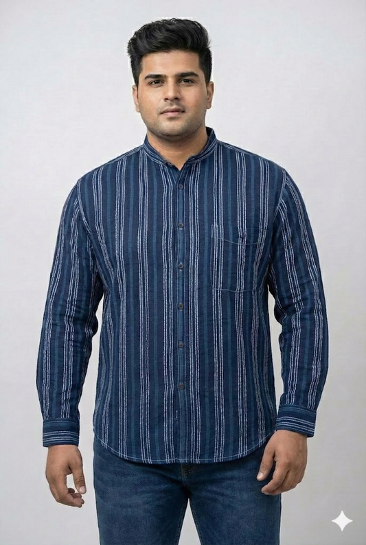 Plus Size Men's Indigo Dobby Stripe Mandarin Collar Shirt with Stone Wash Finish