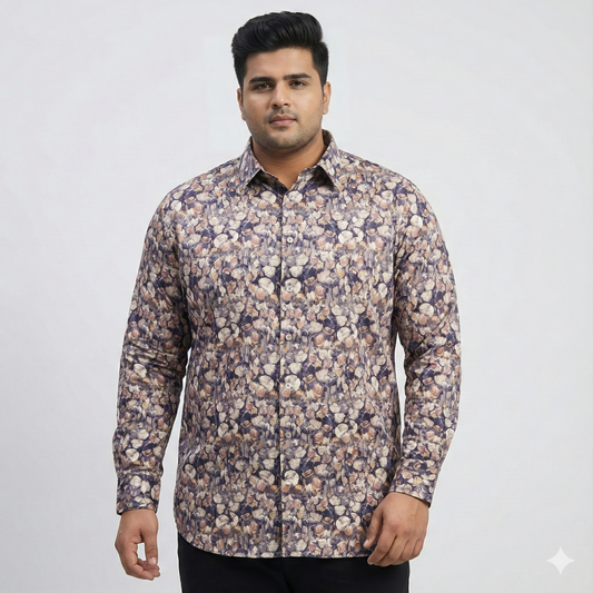 Plus Size Men's Cotton Satin Printed Evening wear Shirt with Spread Collar