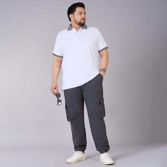 Mens Plus Size White Classic Polo with Contrast Stripe Cuffs and Collar