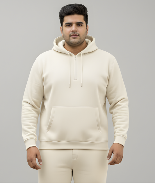 Plus Size Beige Half-Zip Fleece Hoodie
