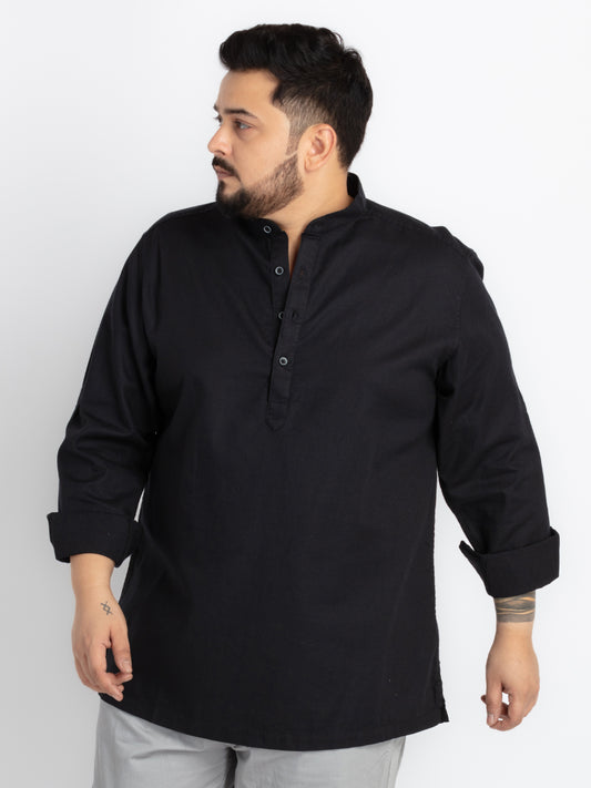 Mens Plus Size Black Mandarin Collar Self Design Shirt