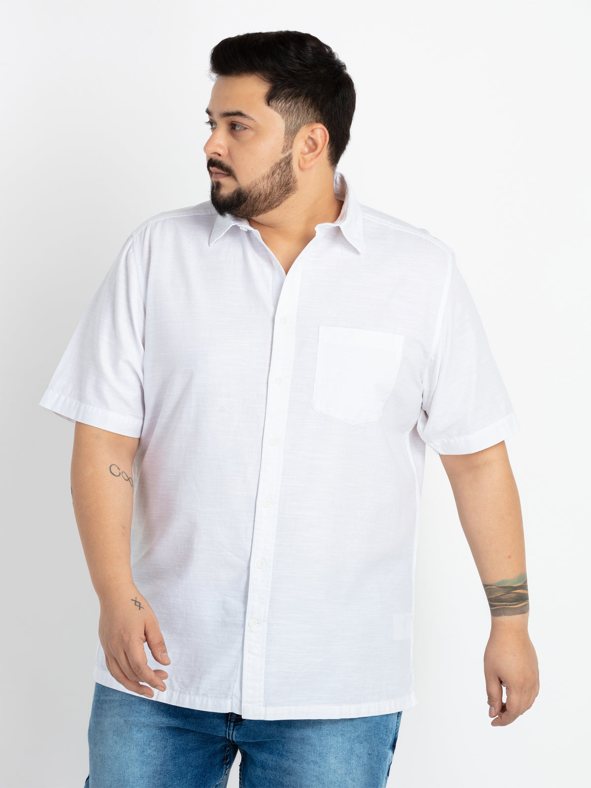 Mens Plus Size White Spread Collar Solid Shirt