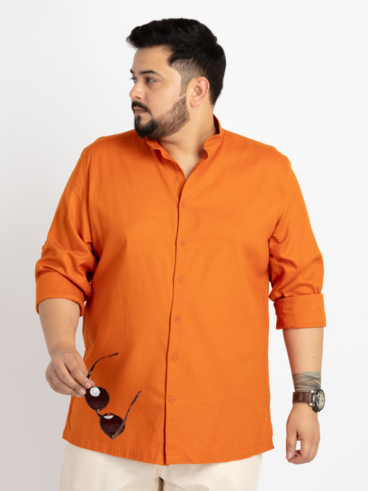 Mens Plus Size Rust Mandarin Collar Self Design Shirt