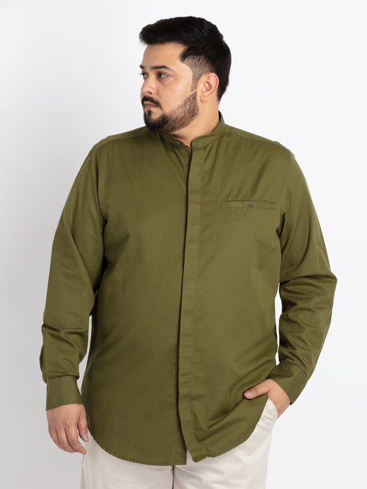 Mens Plus Size Olive Mandarin Collar Solid Shirt