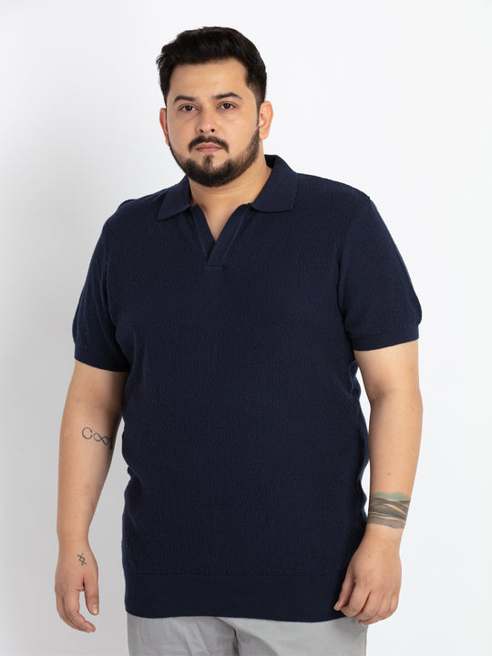 Mens Plus Size Navy self structured flat knit Polo