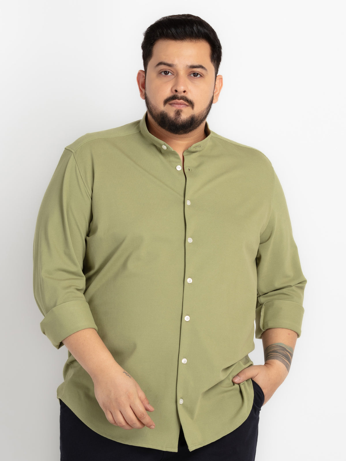 Olive Regular Fit Mandarin Collar Solid Shirt