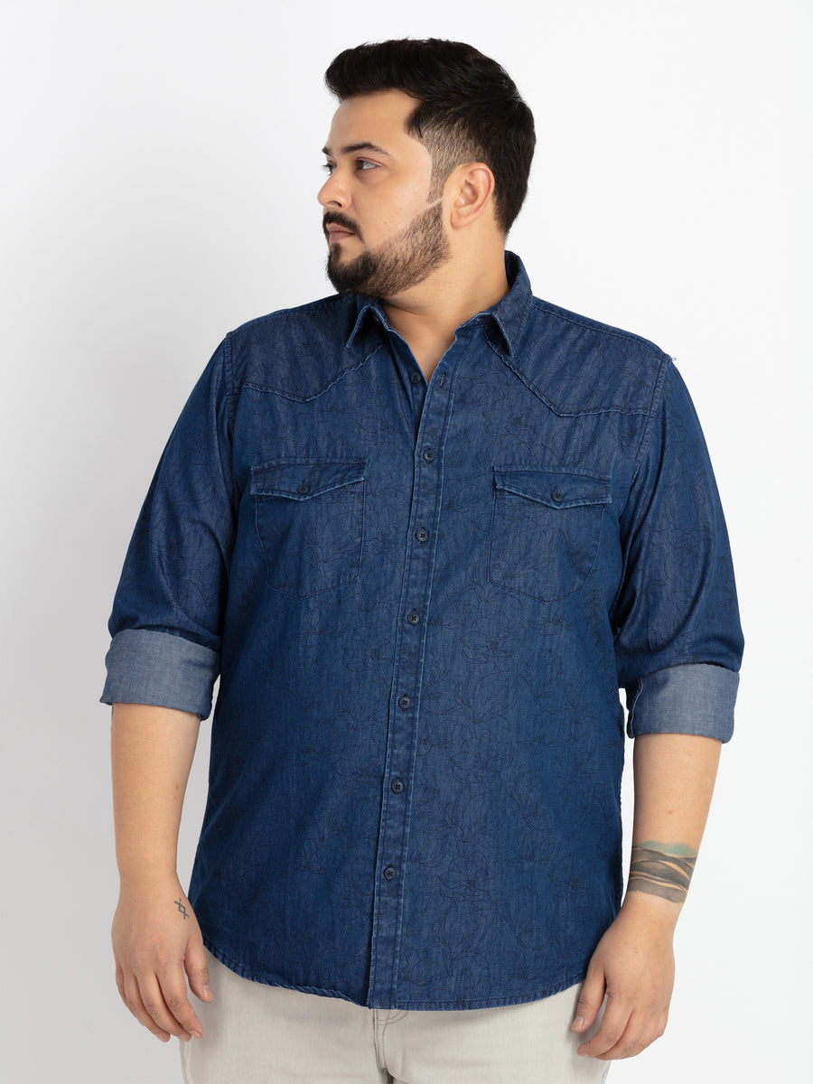 Mens Plus Size Indigo Spread Collar Printed Shirt