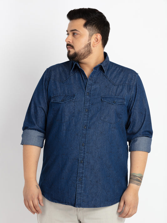 Mens Plus Size Indigo Spread Collar Printed Shirt