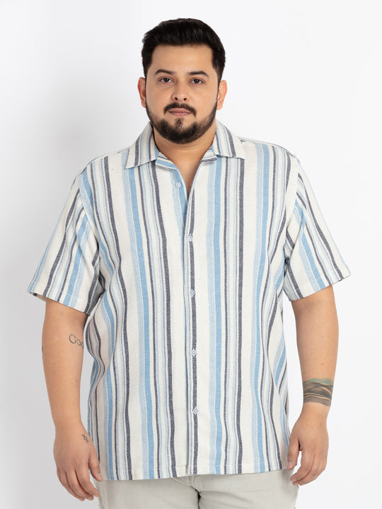Mens Plus Size Off White Cuban Collar Striped Shirt