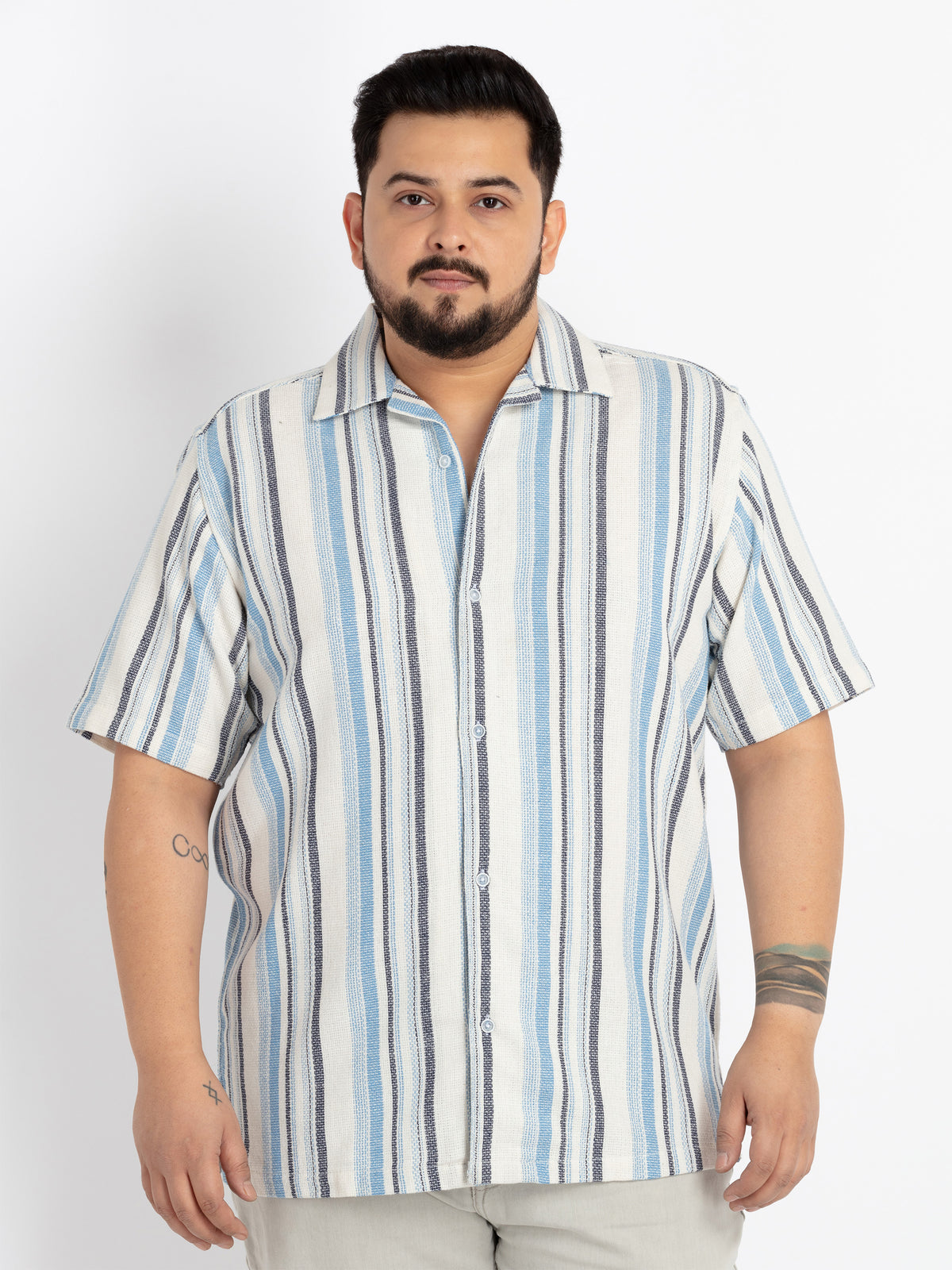 Mens Plus Size Off White Cuban Collar Striped Shirt